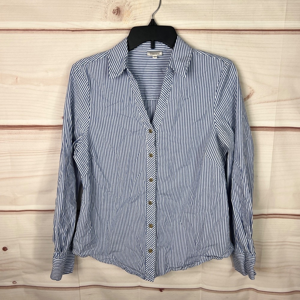 Jaclyn Smith Top Womens M Blue Stripe Shirt Button Up Collar Long Sleeve Stretch